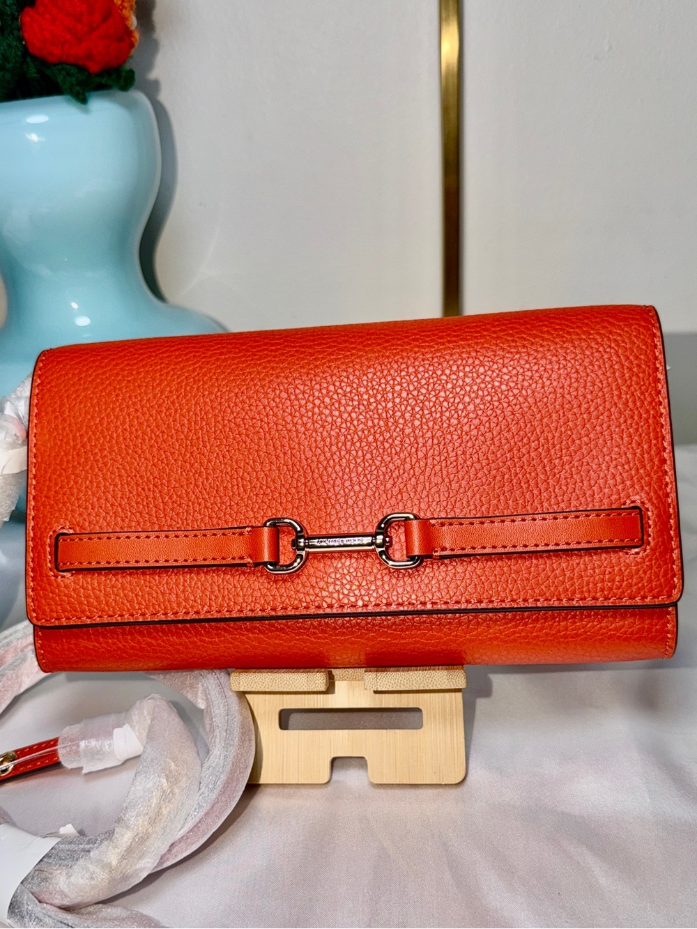 Michael Kors orange-red Leather Chain-Accent Women’s Clutch NWT